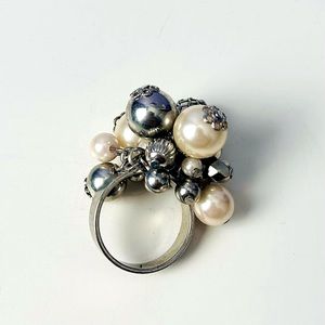 Silver Beads & Faux Pearls Cluster Statement Ring Size 7.5